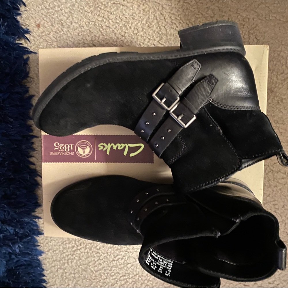 Clarks black ankle boots suede